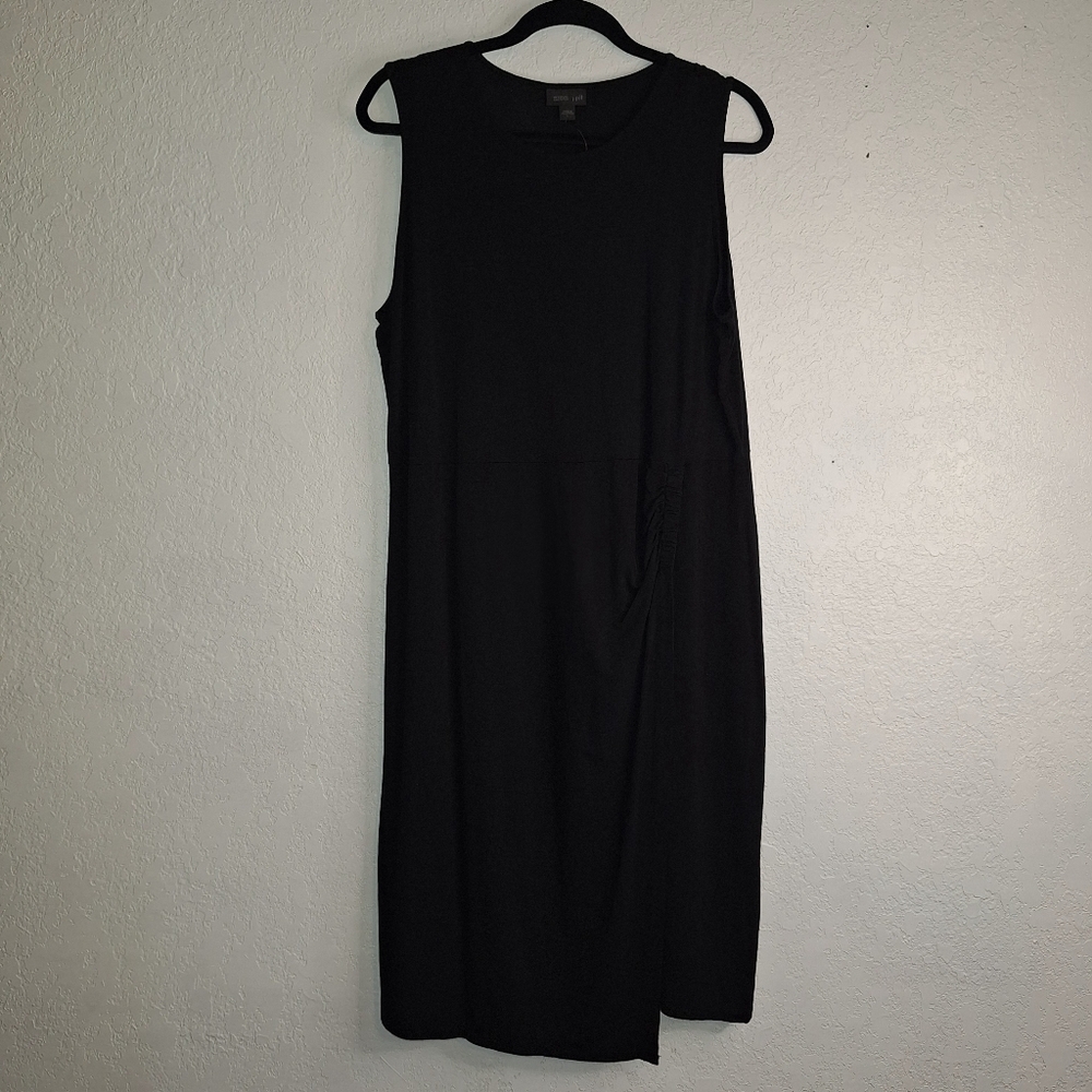 J. Jill Wearever Dress Womens L Faux Wrap Knee Length Black Sleeveless Stretch
